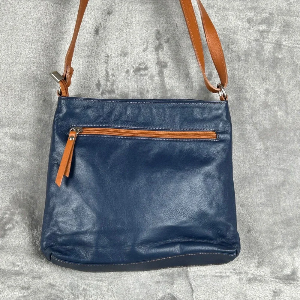 Borboletta Navy Blue Leather Crossbody Bag Tan Trim Adjustable Strap
